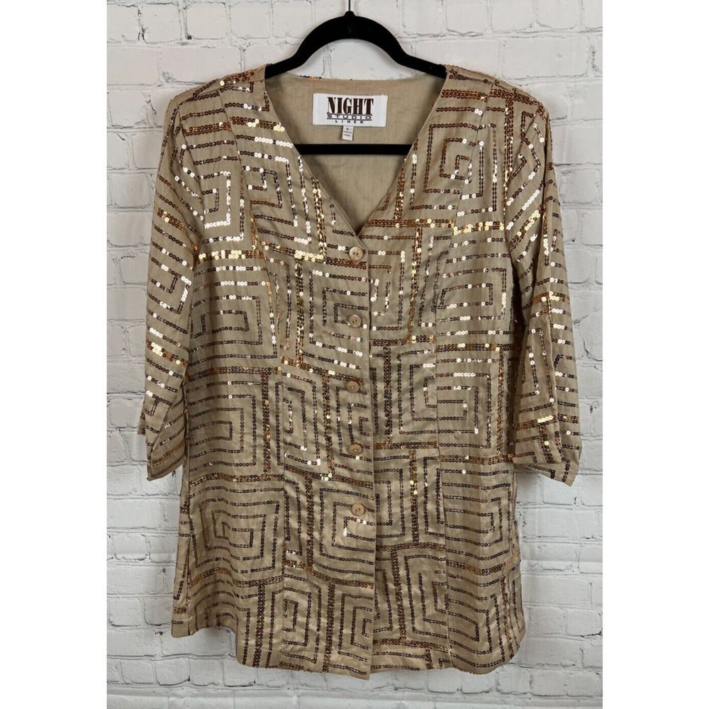 NIGHT STUDIO LINEN beige linen sequins 3/4 sleeve blazer jacket blouse tunic 8